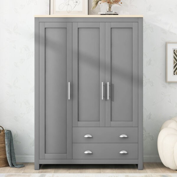 Three Door Storage Wardrobe with Cabinets and Two Hanging Rods,Gray - Image 6