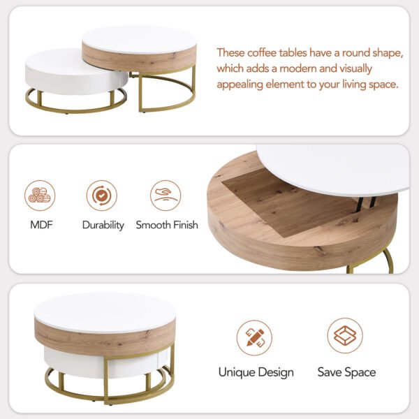 Modern Round Lift-top Nesting Coffee Tables with 2 Drawers White & Natural - Image 7