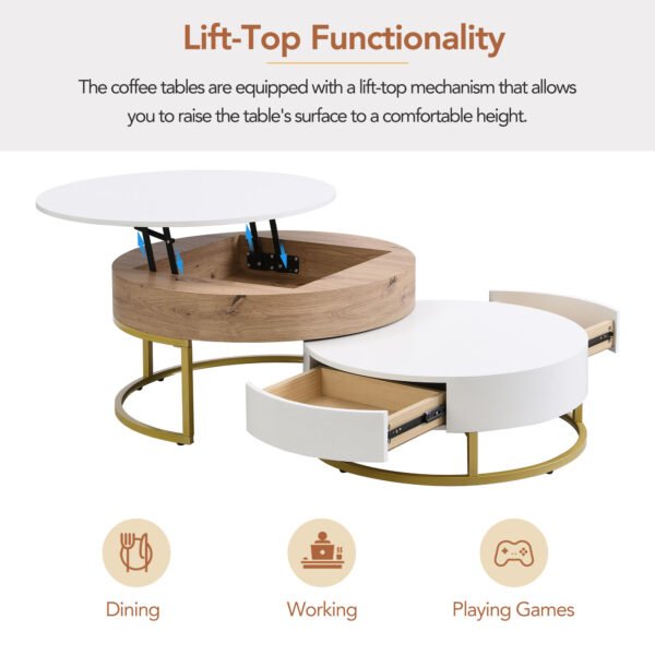 Modern Round Lift-top Nesting Coffee Tables with 2 Drawers White & Natural - Image 12