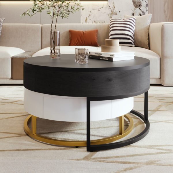 Modern Round Lift-top Nesting Coffee Tables with 2 Drawers White & Black - Image 4