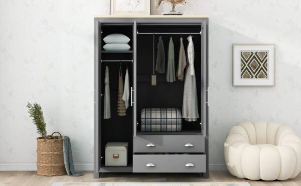 Three Door Storage Wardrobe with Cabinets and Two Hanging Rods,Gray - Image 16