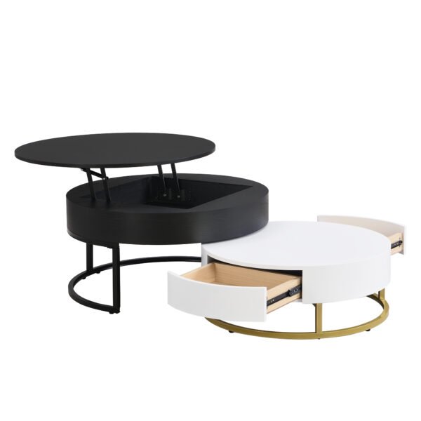 Modern Round Lift-top Nesting Coffee Tables with 2 Drawers White & Black - Image 18