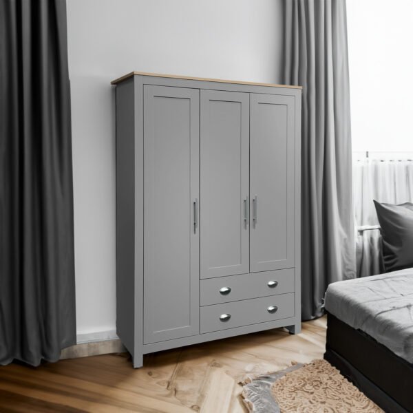 Three Door Storage Wardrobe with Cabinets and Two Hanging Rods,Gray