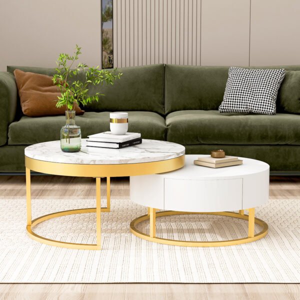 Modern Round Nesting Coffee Table with Drawers in White - Image 11