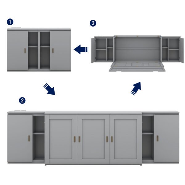 Queen Size Murphy Bed with Shelves, Cabinets and USB Ports,Gray - Image 2