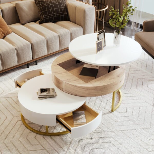 Modern Round Lift-top Nesting Coffee Tables with 2 Drawers White & Natural - Image 3