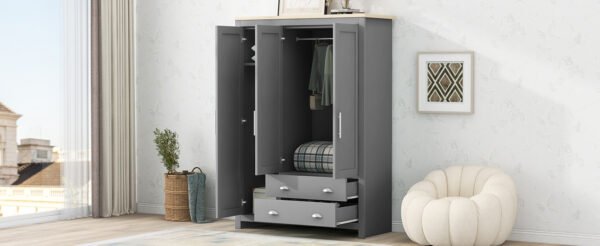 Three Door Storage Wardrobe with Cabinets and Two Hanging Rods,Gray - Image 9