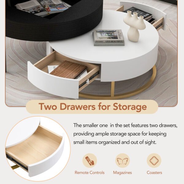 Modern Round Lift-top Nesting Coffee Tables with 2 Drawers White & Black - Image 12