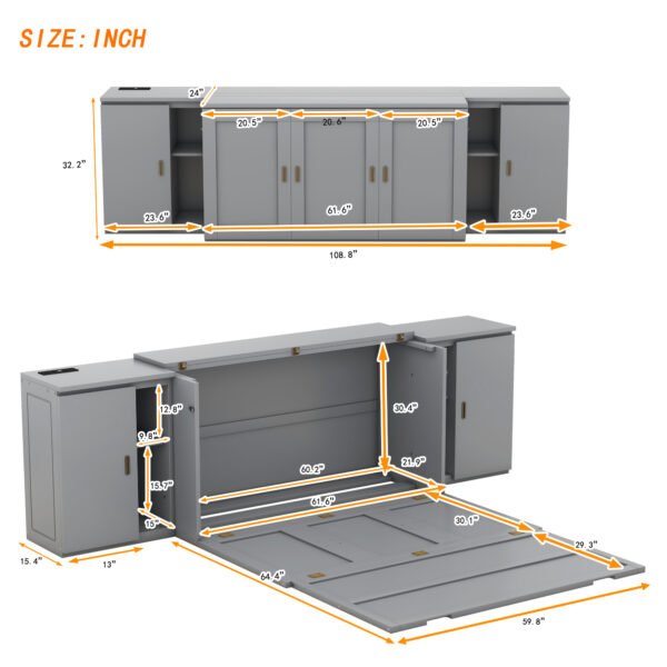 Queen Size Murphy Bed with Shelves, Cabinets and USB Ports,Gray - Image 17