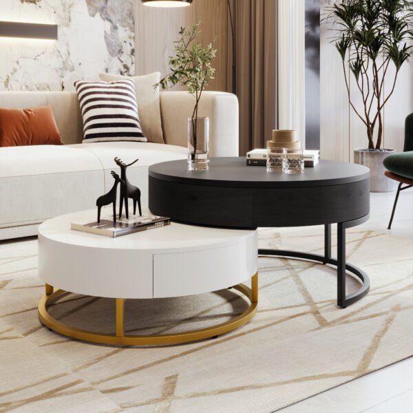 Modern Round Lift-top Nesting Coffee Tables with 2 Drawers White & Black - Image 5