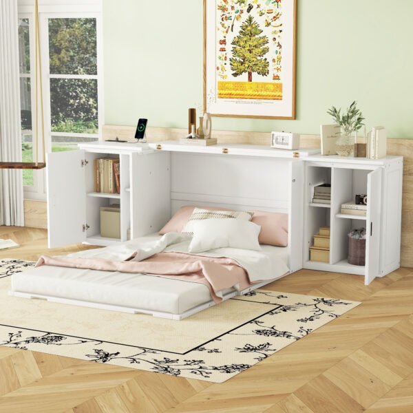 Full Size Murphy Bed with Shelves, Cabinets and USB Ports,White - Image 5