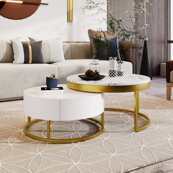 Modern Round Nesting Coffee Table with Drawers in White - Image 2