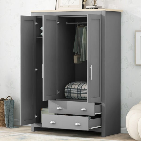 Three Door Storage Wardrobe with Cabinets and Two Hanging Rods,Gray - Image 10