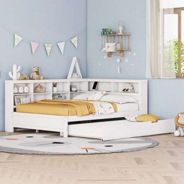 Wooden Full Size DayBed with Twin Size Trundle, DayBed with Storage Shelf and USB Charging Ports,White - Image 17