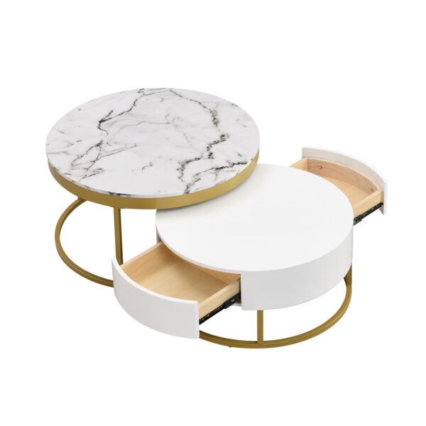 Modern Round Nesting Coffee Table with Drawers in White - Image 23