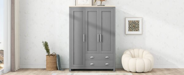 Three Door Storage Wardrobe with Cabinets and Two Hanging Rods,Gray - Image 5