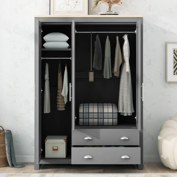 Three Door Storage Wardrobe with Cabinets and Two Hanging Rods,Gray - Image 13