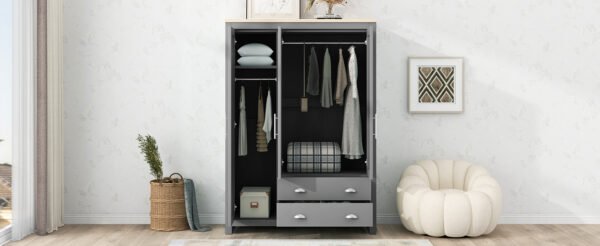 Three Door Storage Wardrobe with Cabinets and Two Hanging Rods,Gray - Image 8