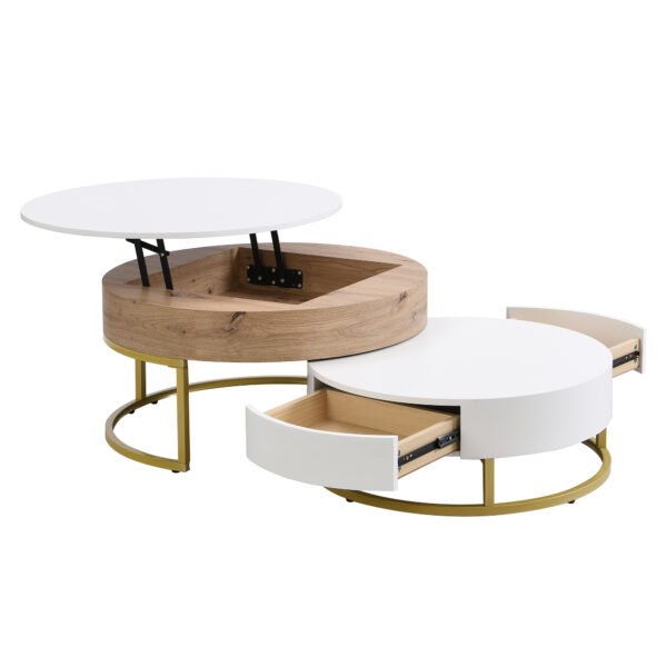 Modern Round Lift-top Nesting Coffee Tables with 2 Drawers White & Natural - Image 24