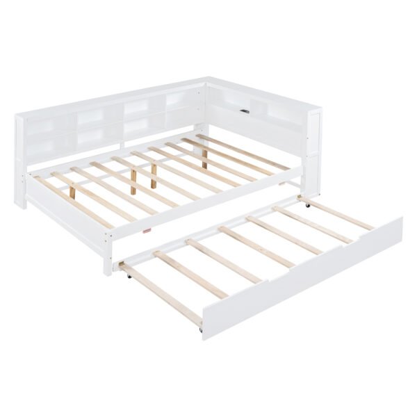 Wooden Full Size DayBed with Twin Size Trundle, DayBed with Storage Shelf and USB Charging Ports,White - Image 3