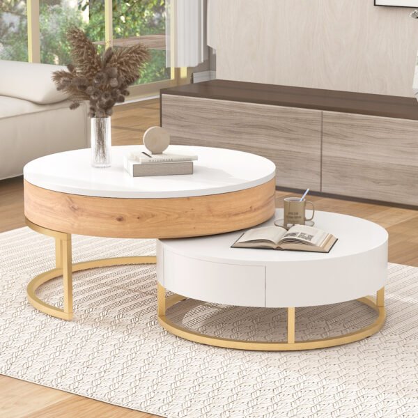 Modern Round Lift-top Nesting Coffee Tables with 2 Drawers White & Natural - Image 11