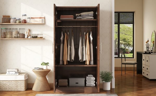 2-Door Wooden Wardrobe Armoire with 3 Storage Shelves  Brown - Image 17