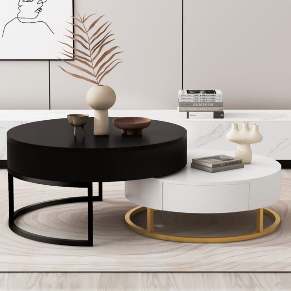 Modern Round Lift-top Nesting Coffee Tables with 2 Drawers White & Black - Image 8