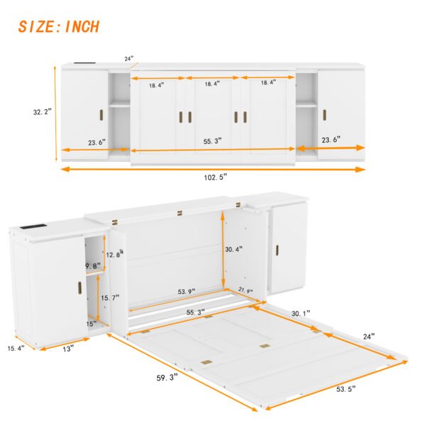 Full Size Murphy Bed with Shelves, Cabinets and USB Ports,White - Image 17