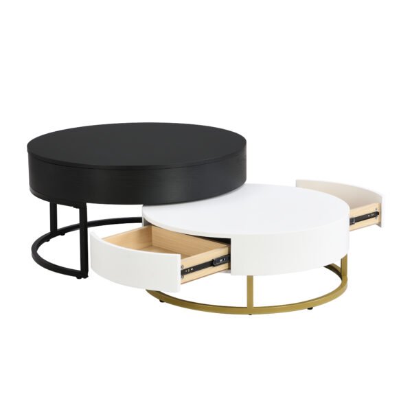 Modern Round Lift-top Nesting Coffee Tables with 2 Drawers White & Black - Image 16