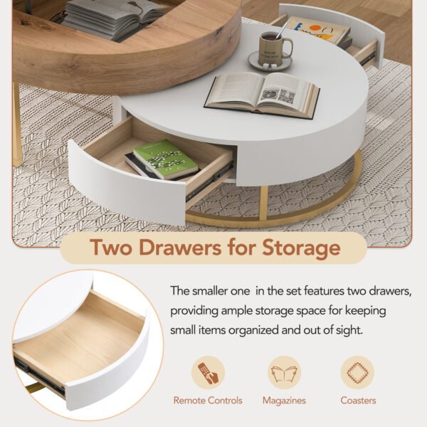 Modern Round Lift-top Nesting Coffee Tables with 2 Drawers White & Natural - Image 14