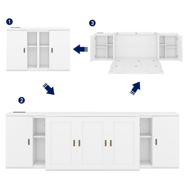 Full Size Murphy Bed with Shelves, Cabinets and USB Ports,White - Image 8