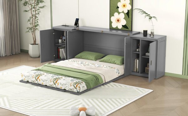 Queen Size Murphy Bed with Shelves, Cabinets and USB Ports,Gray - Image 12