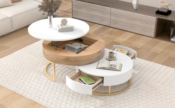 Modern Round Lift-top Nesting Coffee Tables with 2 Drawers White & Natural - Image 6