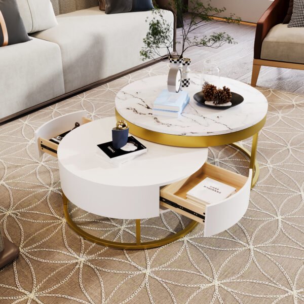 Modern Round Nesting Coffee Table with Drawers in White - Image 6