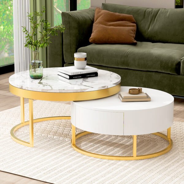 Modern Round Nesting Coffee Table with Drawers in White - Image 15