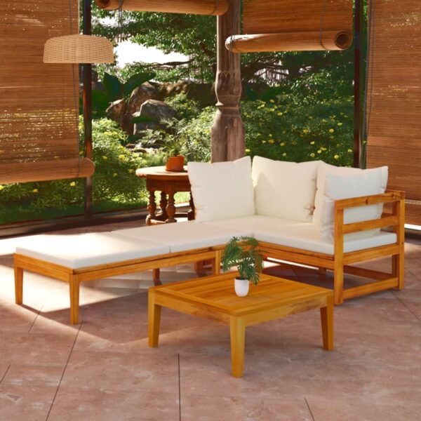 vidaXL 3 Piece Patio Lounge Set with Cream White Cushions Acacia Wood - Image 3