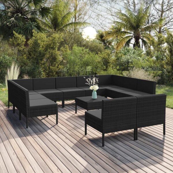 vidaXL 12 Piece Patio Lounge Set with Cushions Poly Rattan Black