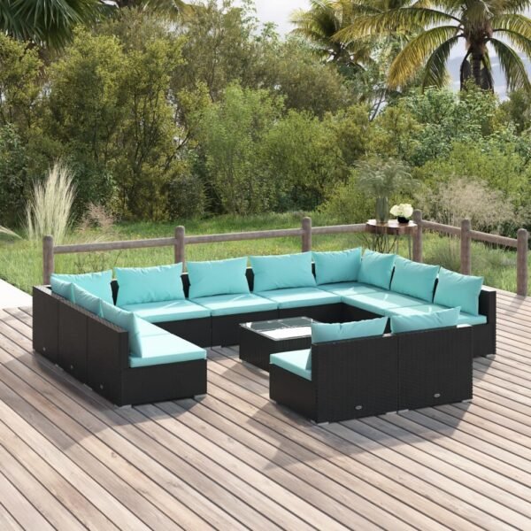 vidaXL 12 Piece Patio Lounge Set with Cushions Black Poly Rattan