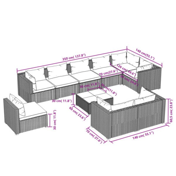 vidaXL 10 Piece Patio Lounge Set with Cushions Poly Rattan Gray - Image 5