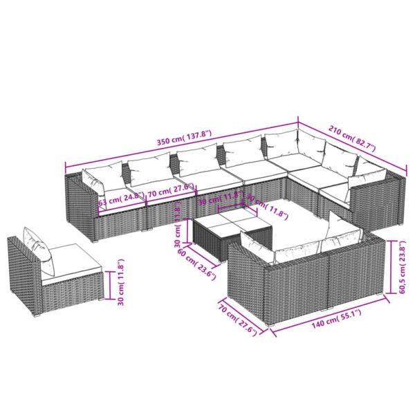 vidaXL 11 Piece Patio Lounge Set with Cushions Poly Rattan Brown - Image 5