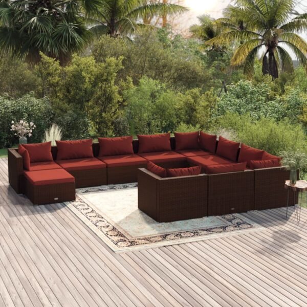 vidaXL 11 Piece Patio Lounge Set with Cushions Poly Rattan Brown