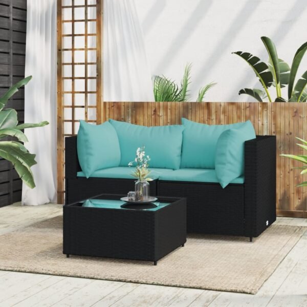 vidaXL 3 Piece Patio Lounge Set with Cushions Black Poly Rattan