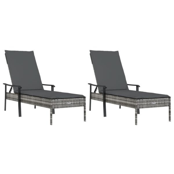 vidaXL Sun Loungers 2 pcs with Table and Cushions Gray Poly Rattan - Image 3