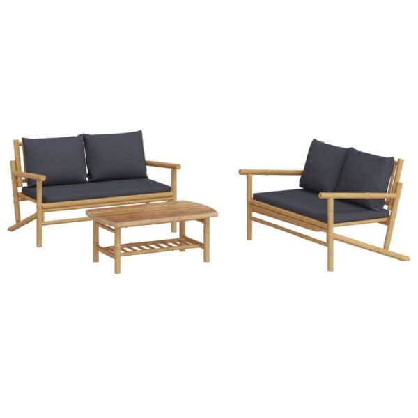 vidaXL 3 Piece Patio Lounge Set with Dark Gray Cushions Bamboo - Image 2