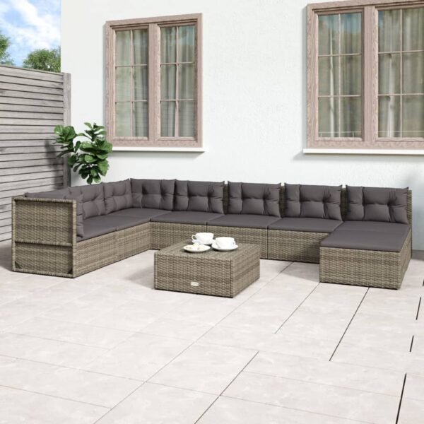 vidaXL 8 Piece Patio Lounge Set with Cushions Gray Poly Rattan