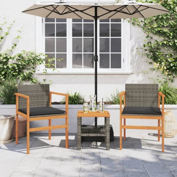 vidaXL Patio Chairs with Cushions 2 pcs Gray Poly Rattan&Solid Wood - Image 2