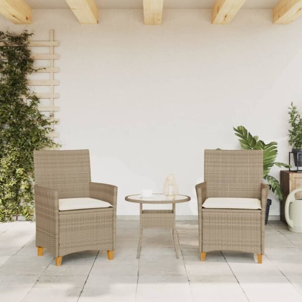 vidaXL Patio Chairs with Cushions 2 pcs Beige Poly Rattan&Solid Wood - Image 3